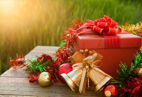 Christmas gifts on a garden table