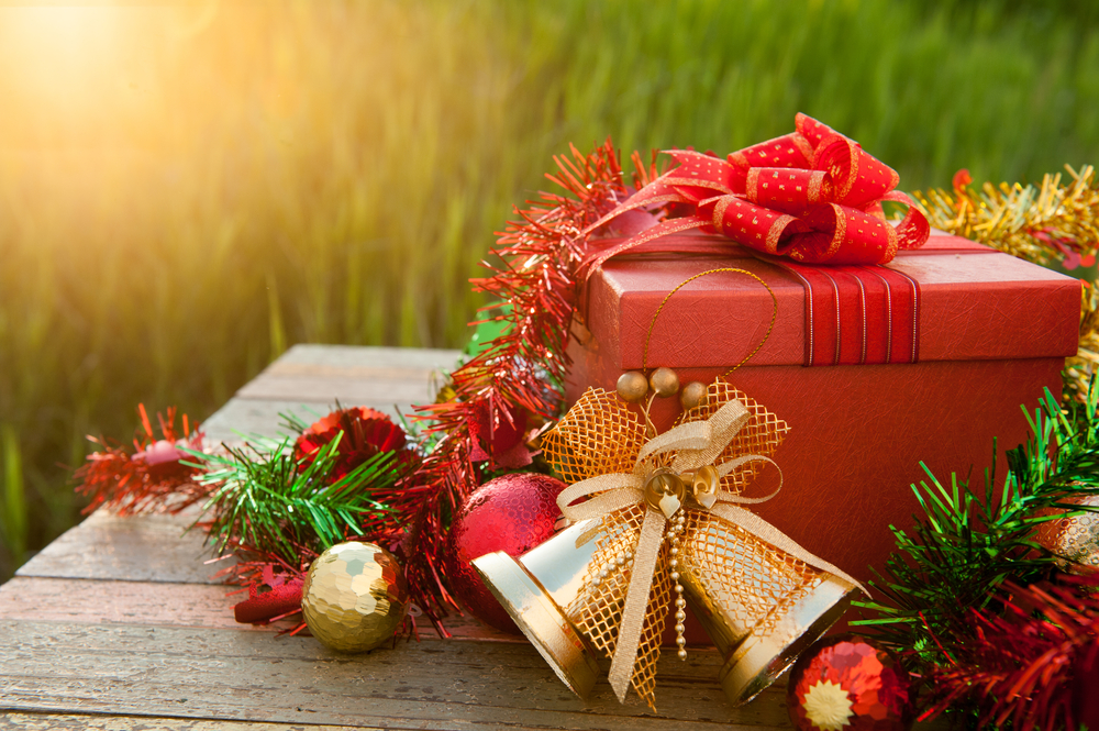 Christmas gifts on a garden table