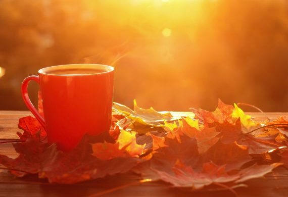 A hot drinks surrounded by brown autumn leaves.